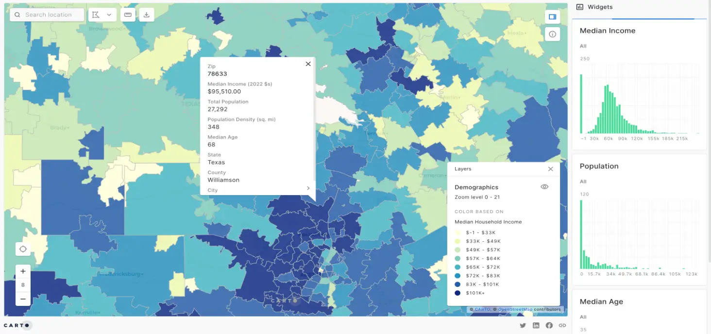 Screenshot of Interactive Income By Zip Code Map